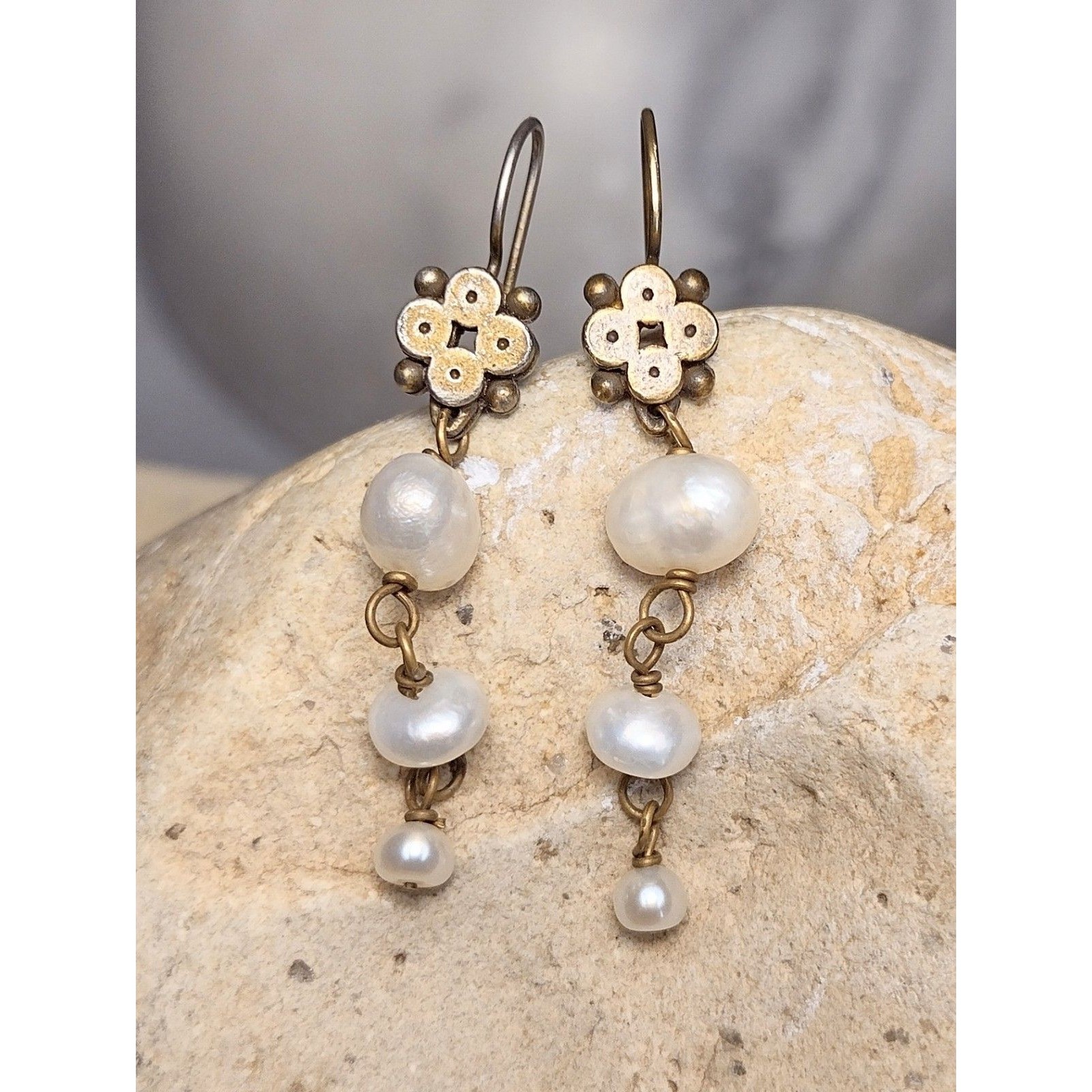 Freshwater Pearl Victorian Revival Dangle Earrings Gold Tone